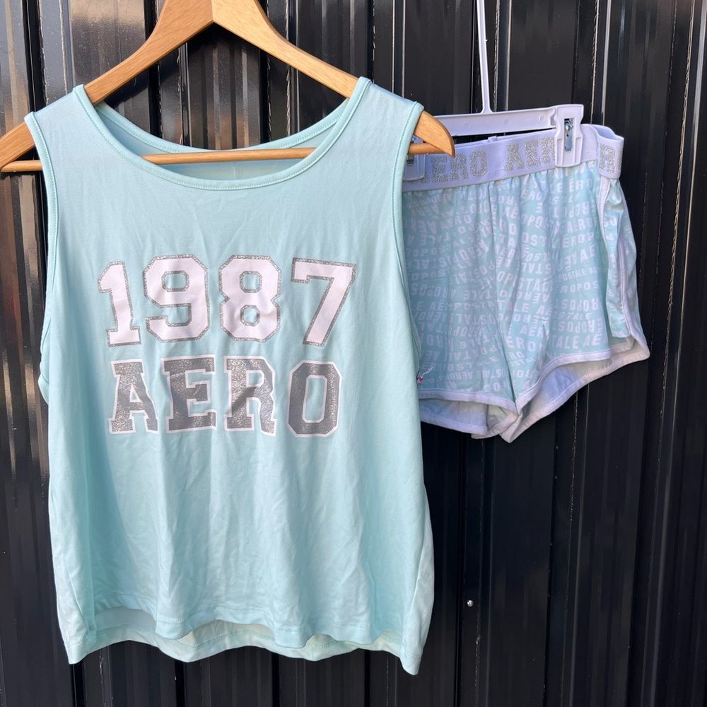 Aeropostale Women’s Light Mint Green White Tank and Shorts Pajamas Set L Large
